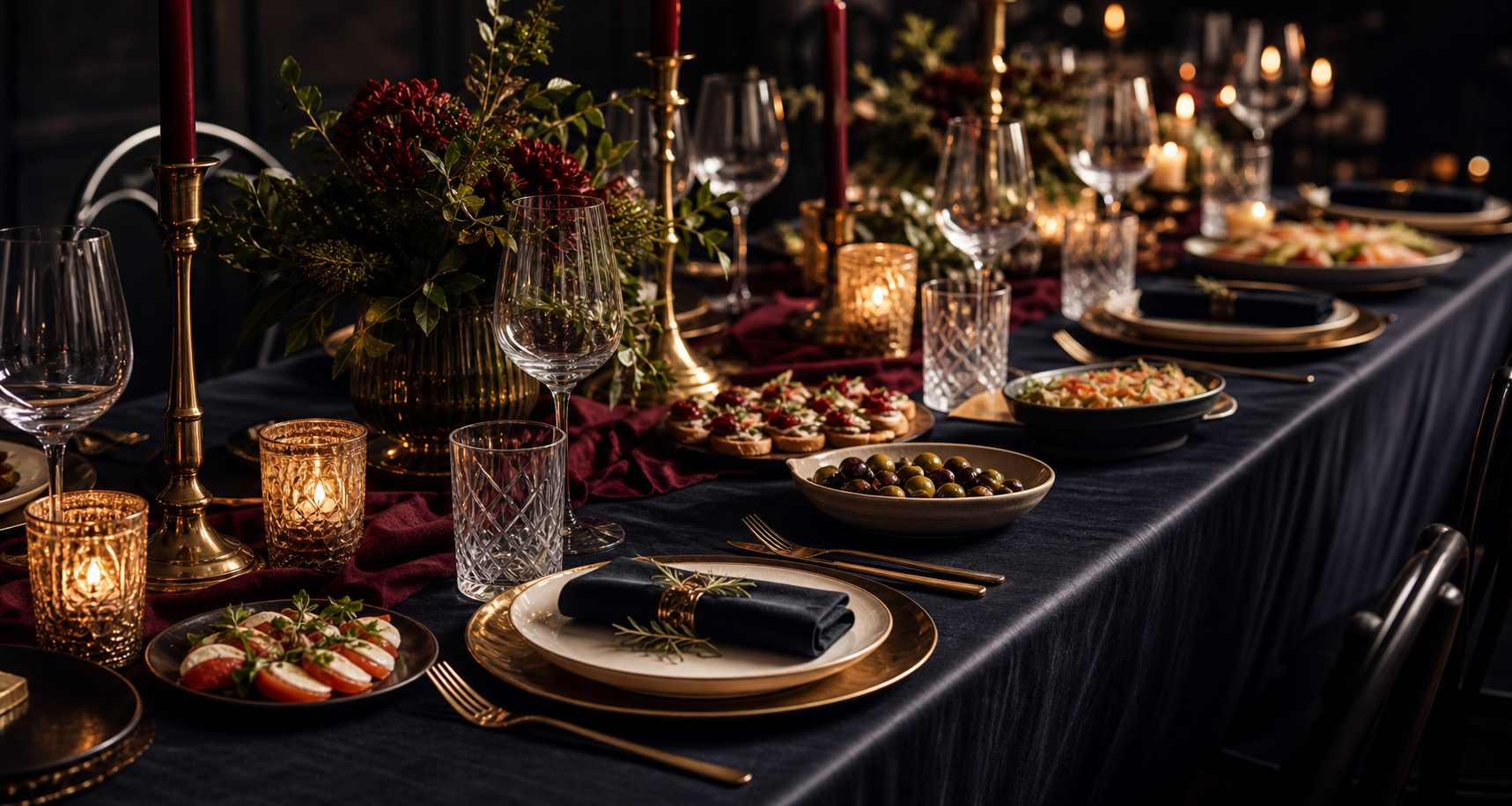 Candlelit catering table set before an event