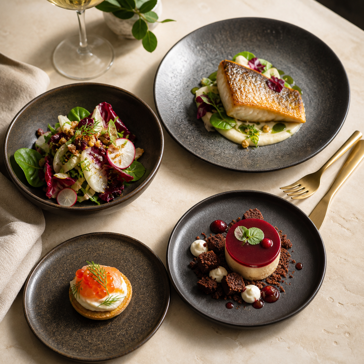 Plated seasonal tasting menu dishes